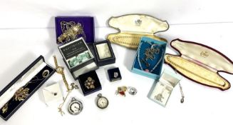 A large assortment of costume jewellery, including Lotus simulated pearls, pocket watches, a watch