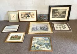 Assorted prints and pictures, including a coloured lithograph of pointers, a Highland river and