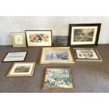 Assorted prints and pictures, including a coloured lithograph of pointers, a Highland river and