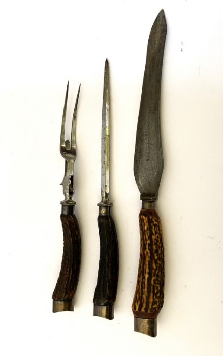 A Victorian cased Henry Elliot & Sons antler handled carving set, circa 1900, with carving knife, - Image 6 of 6