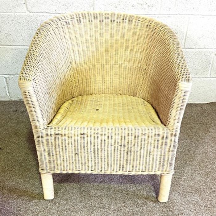 Two rattan garden chairs and two modern chairs with striped upholstery - Image 3 of 14