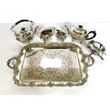 A silver plated five piece tea service, together with a large associated silver plated tray (6)