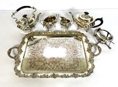 A silver plated five piece tea service, together with a large associated silver plated tray (6)