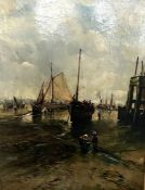 John Carlaw, Scottish (1850-1934)l, Fishing Boats Drawn Up at Low Tide, oil on canvas, signed LL: