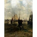 John Carlaw, Scottish (1850-1934)l, Fishing Boats Drawn Up at Low Tide, oil on canvas, signed LL: