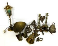 A selection of brassware, including a wall mounted house bell, hand bells, a lantern (untested),
