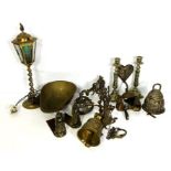 A selection of brassware, including a wall mounted house bell, hand bells, a lantern (untested),