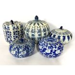 Five assorted Chinese blue and white style 'pumpkin' shaped jars and covers, modern, all decorated