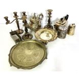 A quantity of assorted silver plate, including two tea pots, and pair of baluster candlesticks, a