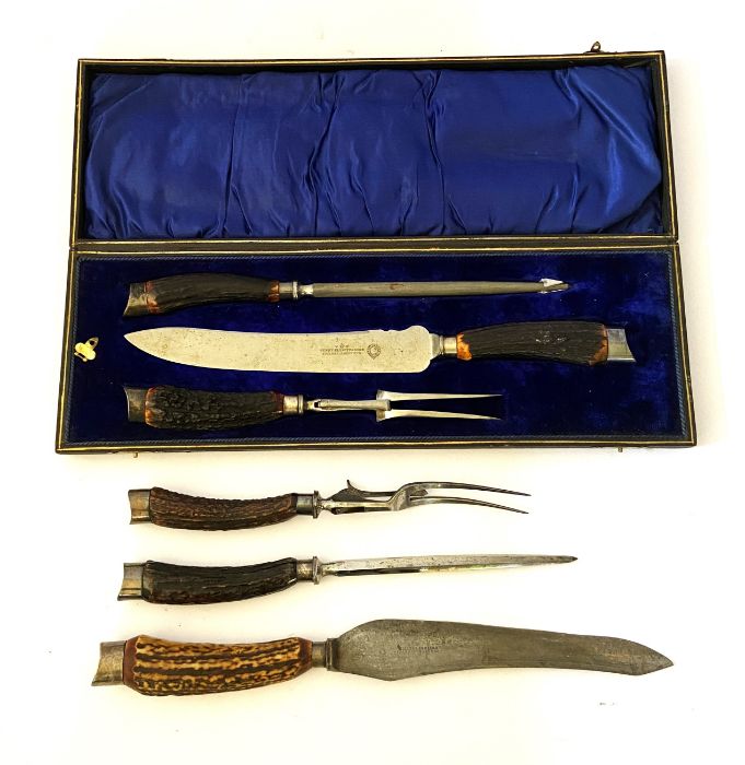 A Victorian cased Henry Elliot & Sons antler handled carving set, circa 1900, with carving knife, - Image 5 of 6