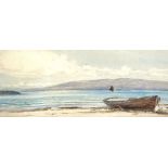 Three assorted landscapes, including a watercolour of a drawn up rowing boat, a Highland loch and