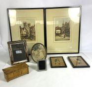 A group of assorted works of art, including a pair of wood veneer portraits after Charles Dicken’s