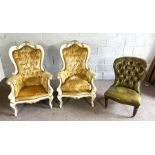 A Victorian spoonback side chair, with button upholstered back and turned front legs; also two large