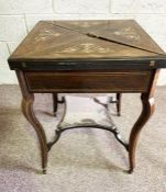 A late Victorian rosewood and marquetry envelope card table, circa 1890, the four fold top opening