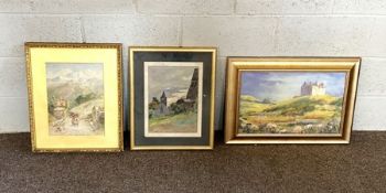 Three watercolours, including a view of a Highland castle, an Alpine view with figures collecting
