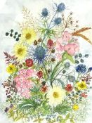 Still Life of Garden Flowers, watercolour; together with a coloured print depicting a bridge (2)