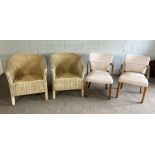 Two rattan garden chairs and two modern chairs with striped upholstery