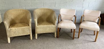 Two rattan garden chairs and two modern chairs with striped upholstery