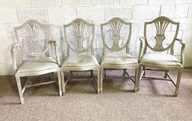 Four grey painted Sheraton style dining chairs, with a vintage circular breakfast table, with