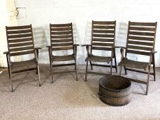 A set of four modern folding slatted wooden garden chairs, also a 'barrel' planter (5)