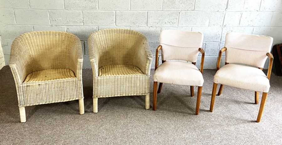 Two rattan garden chairs and two modern chairs with striped upholstery - Image 2 of 14