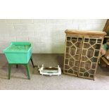 A 19th century vintage washing machine, with stand and rotating paddle; also a glazed bookcase top