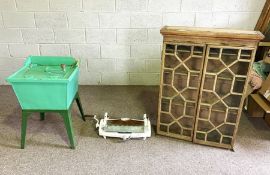 A 19th century vintage washing machine, with stand and rotating paddle; also a glazed bookcase top