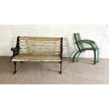 A vintage cast iron and wood slatted garden bench; also a pair of cast bench ends, and a set of four