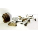 Assorted silver and silver plate, including a small silver purse, a cheese slicer, two stands and