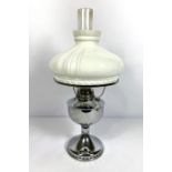 Vintage oil lamp, with chromed reservoir and large white glass lobed shade