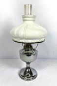 Vintage oil lamp, with chromed reservoir and large white glass lobed shade