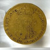 A William and Mary gold half guinea coin, 1694, weight, 4.0g, rare, slight fold, fair, Conjoined