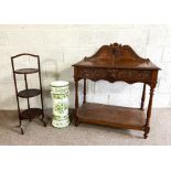 A late Victorian Jacobean style oak hall table, with gallery back and single drawer, carved with