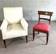 A late Victorian armchair, with tapered legs and castors; also a George IV mahogany dining chair (