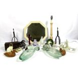 A miscellany of decorative items, including a bird etched paperweight, assorted glass figurines, a
