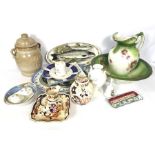 Assorted decorative ceramics, including a Portmeirion salmon dish, a Victorian washbowl and jug, a