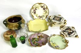 A selection of decorative ceramics, including a set of Minton type tiles, also four gilt edged