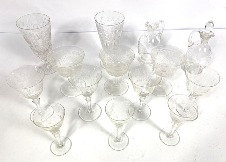 A collection of pretty cut glass wine glasses, including a pair of tapered goblets, cut with tree - Bild 2 aus 8
