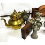 Miscellaneous metalware, including a Talbot Pewter tea service, a brass kettle; a copper cylindrical