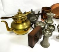 Miscellaneous metalware, including a Talbot Pewter tea service, a brass kettle; a copper cylindrical