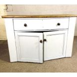A Victorian painted pine kitchen low dresser, with oblong stripped pine top and drop front over