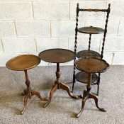 A three tier beech wood cake stand and three small George III style wine tables (4)