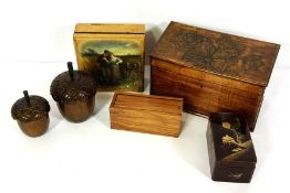 Assorted group of boxes and wooden acorns, including a small Japanese lacquered trinket box; a box