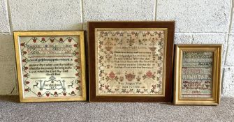 Three samplers, including a framed alphabet embroidery by Sarah Johnson, 1857; and a framed verse,