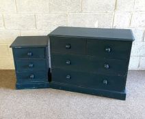 A painted blue chest of drawers, with four drawers and a blue bedside chest (2)