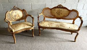 A Louis XV style giltwood canapé and matching fauteeuil (Settee and open sided chair), 18th