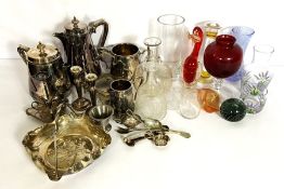 A quantity of assorted silver plate and assorted glassware, including a pair of candlesticks, a