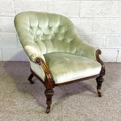 A Victorian walnut framed and button upholstered spoon backed bedroom chair, with scrolled arms