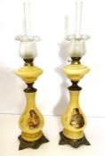A pair of vintage opaline and gilt metal baluster oil lamp bases, with portraits of Napoleon