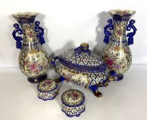 A pair of Chinese famille rose style baluster vases, with a matching covered tureen and two
